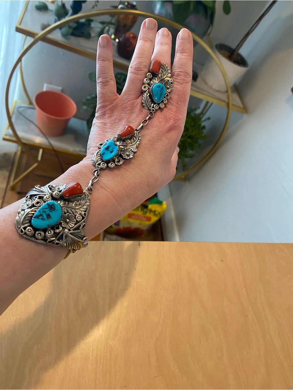 Turquoise and Coral Linked Hand Bracelet - Women Jewelry